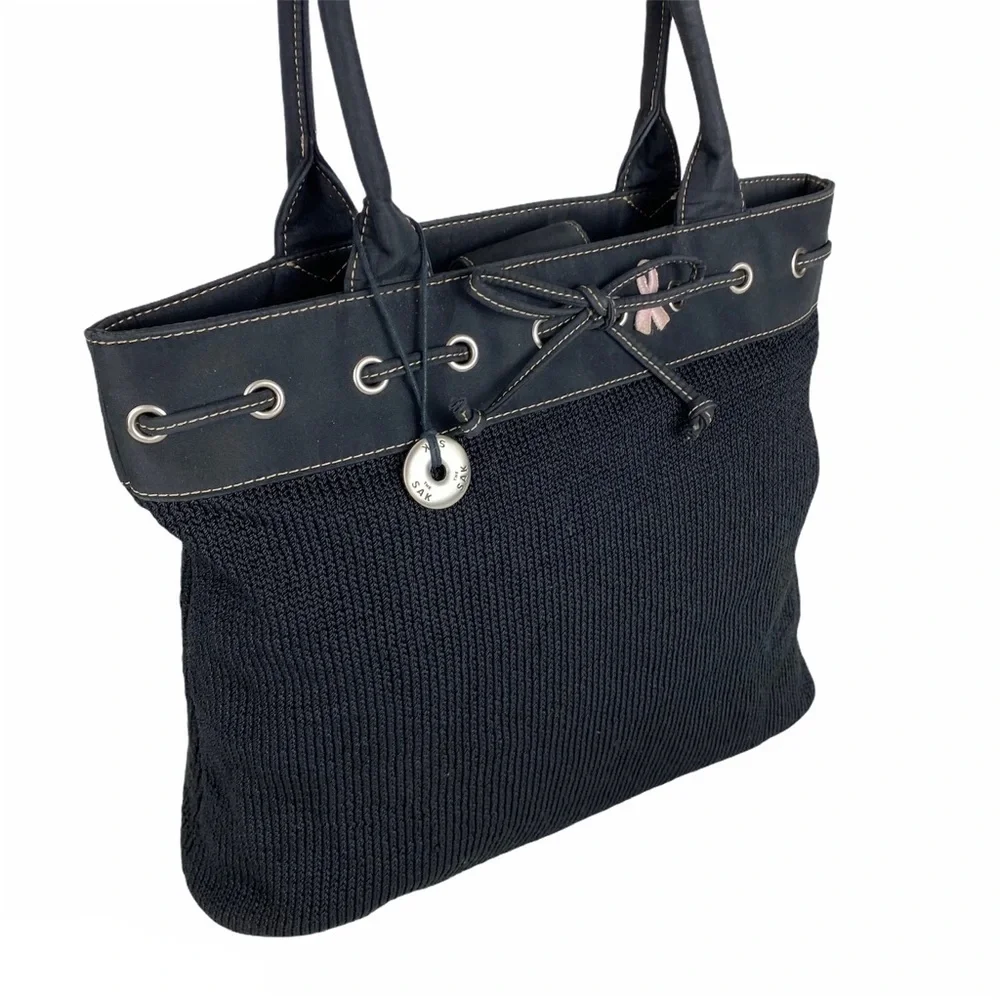 The Sak Shoulder Satchel Bag Black Knit Large 14” Double Handles Silver Hardware